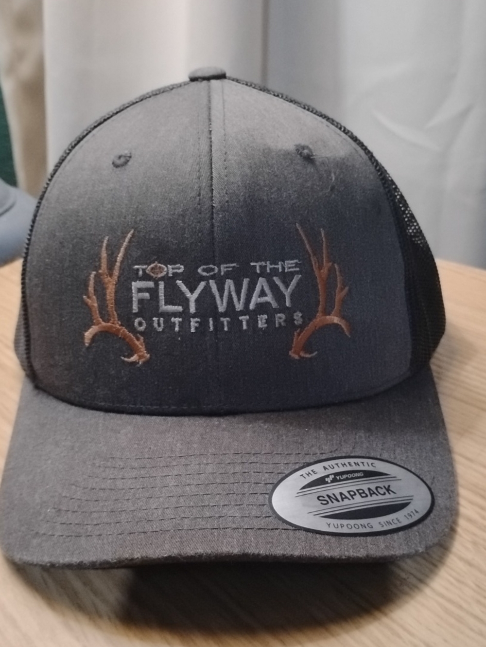 Top of the Flyway Outfitters Men’s Gray Snapback Hat with Brown Embroidery